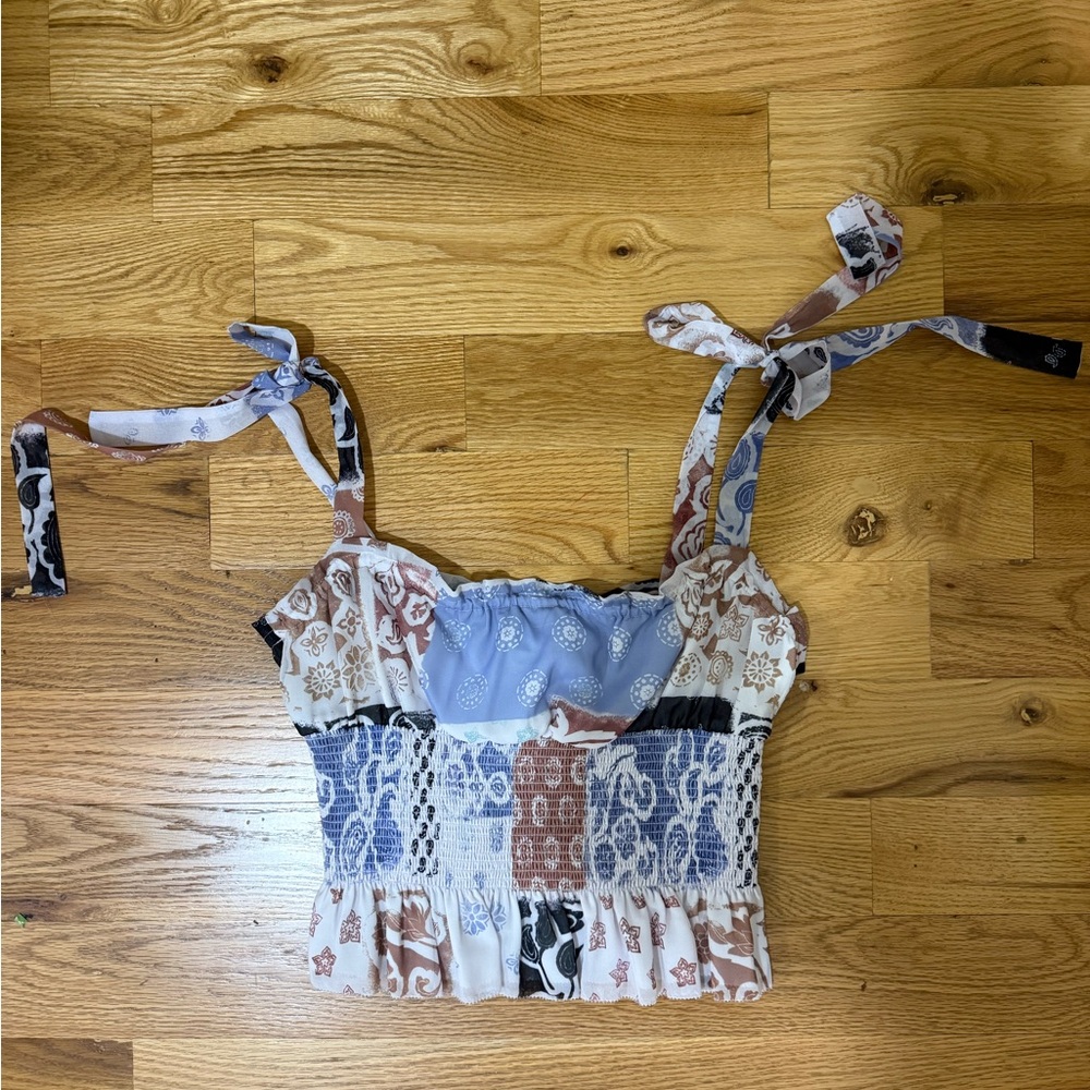 Aritzia Blue and Brown Tank Top with Tie Sleeves